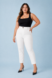 Pantalon droit taille haute 7/8 | Porté sur une silhouette plus ronde | Lounelle Paris