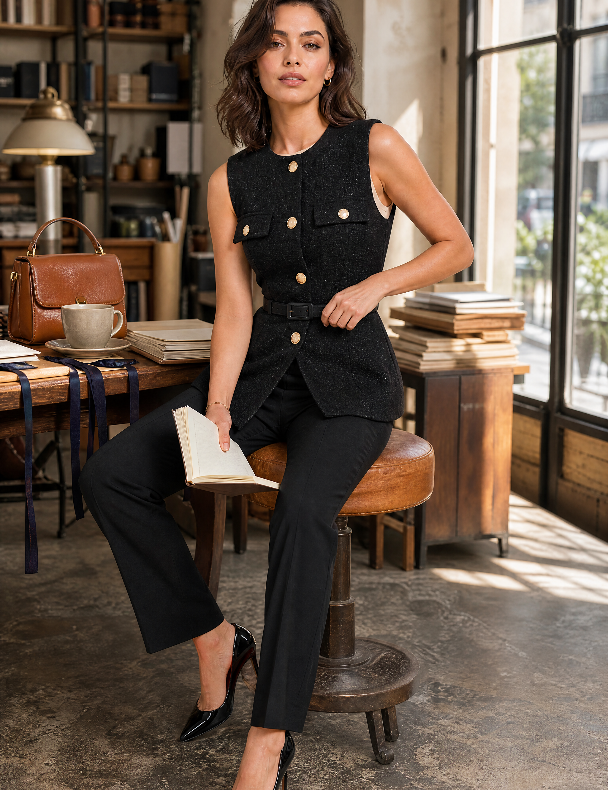 Gilet sans manches texturé ceinturé | Photo lifestyle | Lounelle Paris