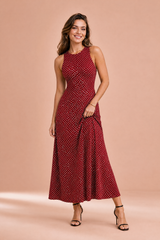 Langes gepunktetes rückenfreies Kleid