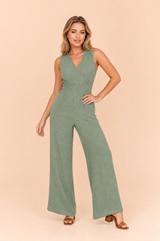 Grüner V-Ausschnitt Smock-Jumpsuit
