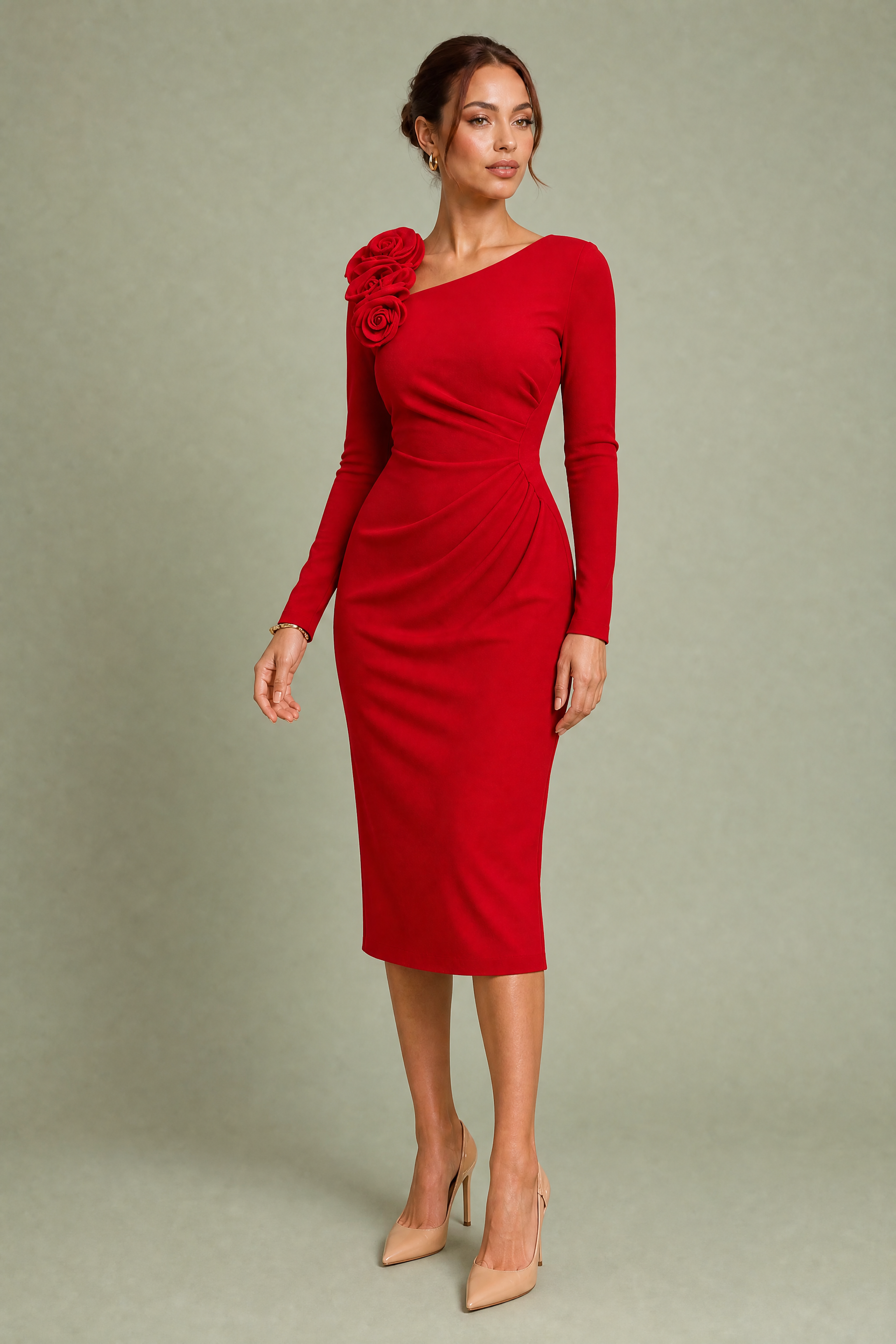 Robe asymétrique à fleur d'épaule | Variante Rouge | Lounelle Paris
