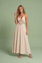 Robe longue Beige col halter | Vue de face | Lounelle Paris