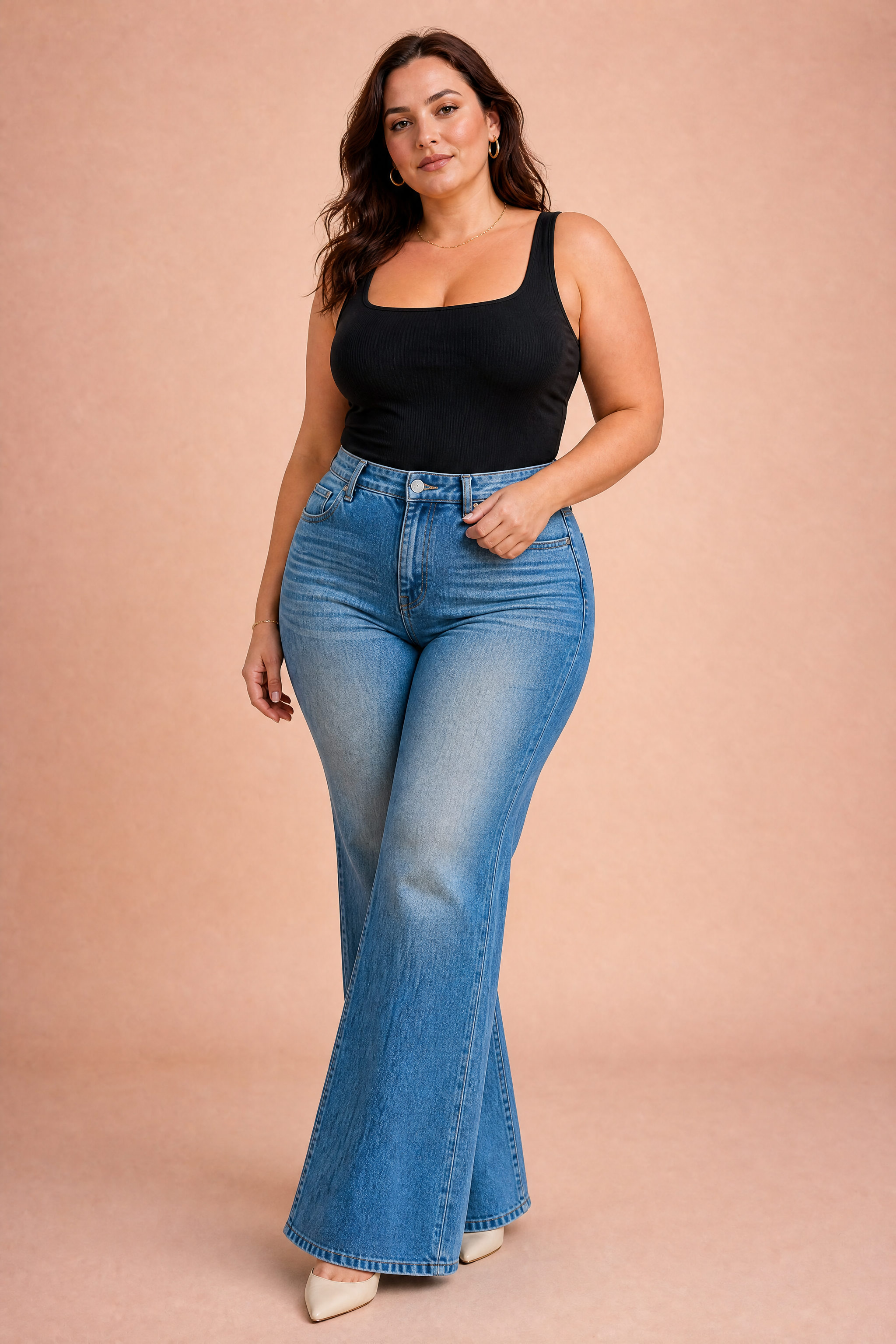 Jean bleu délavé jambe évasée | Porté sur une silhouette plus ronde | Lounelle Paris