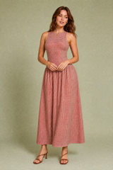 Langes Vichy-Kleid mit gesmoktem Oberteil