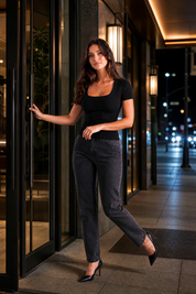 Top col carré maille côtelée | Variante Noir - Lifestyle | Lounelle Paris