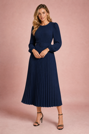 Robe longue plissée à manches bouffantes | Variante Bleu marine | Lounelle Paris