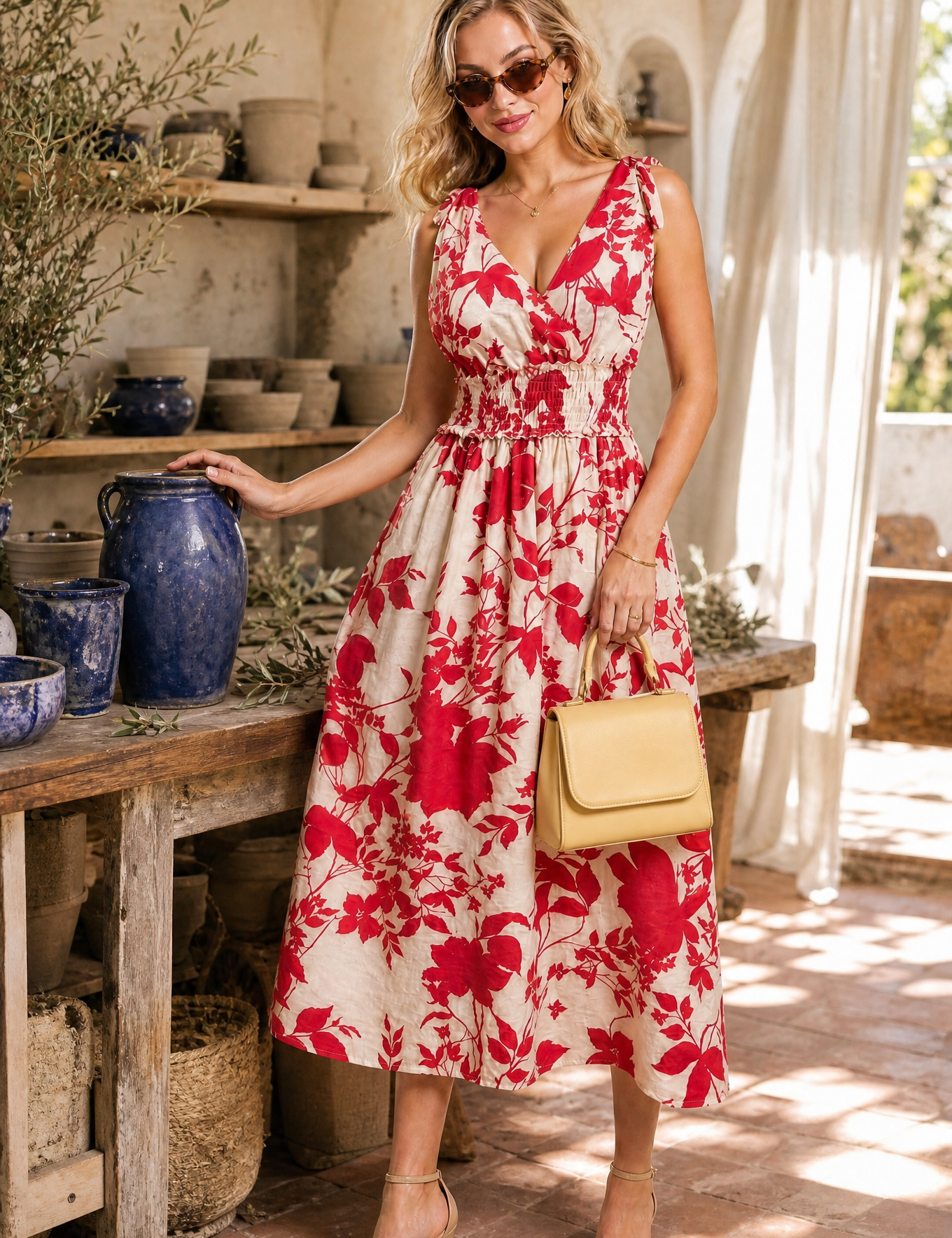 Robe midi rouge fleurie dos nu | Photo lifestyle | Lounelle Paris