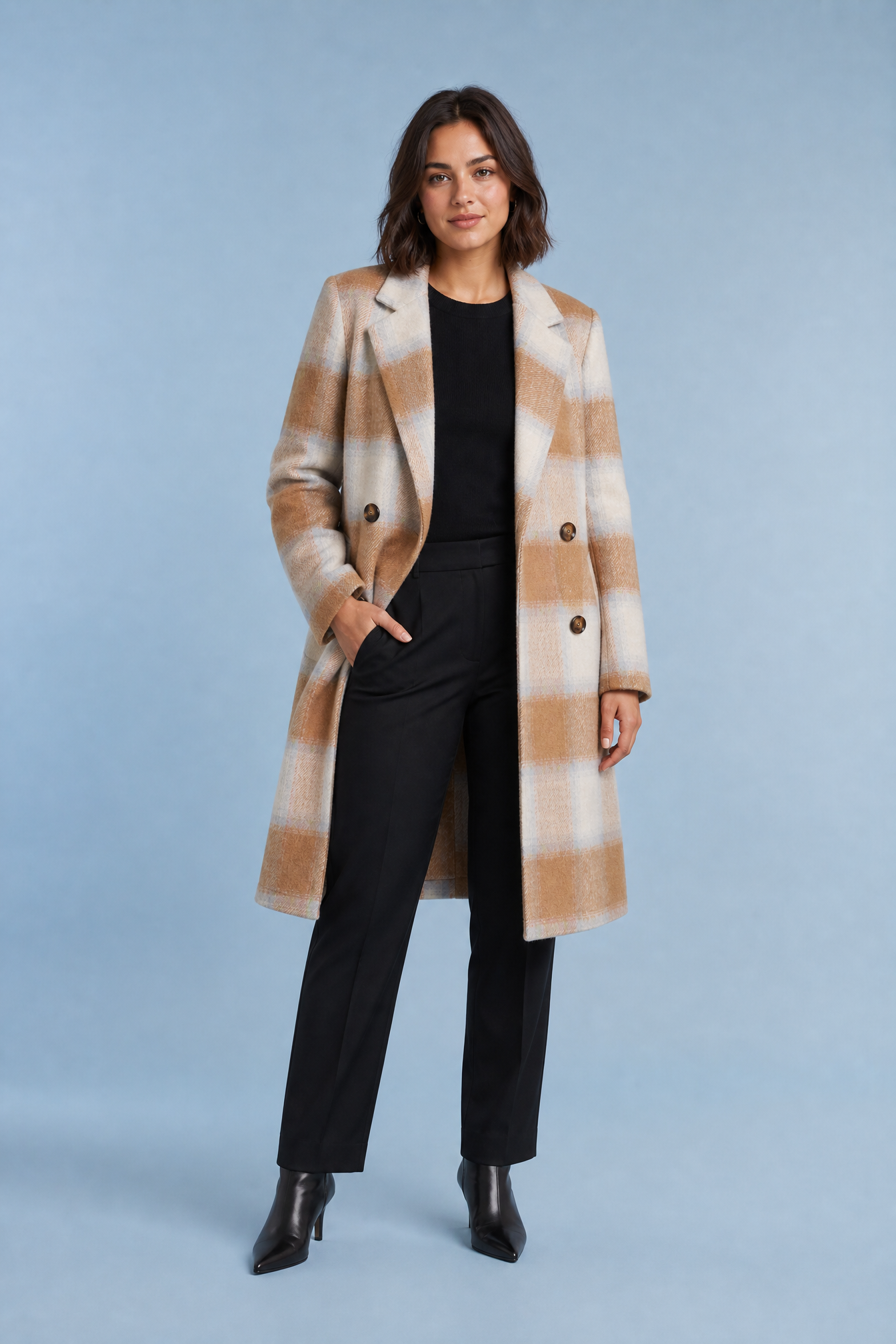 Manteau long à carreaux | Porté sur une autre silhouette | Lounelle Paris