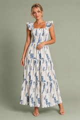 Langes Kleid in Ecru mit Blumenprint und quadratischem Ausschnitt