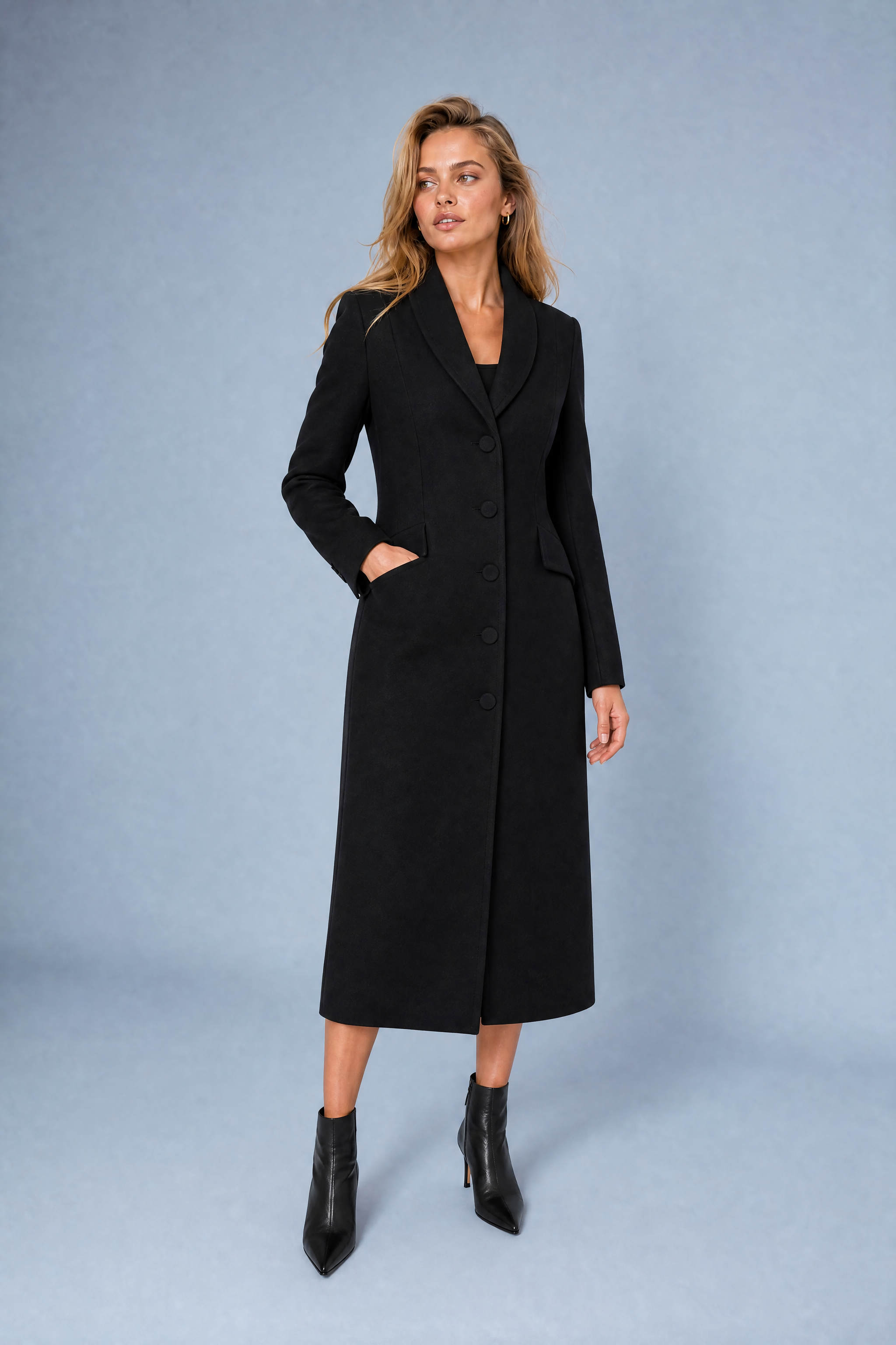 Manteau long cintré à col tailleur | Variante Noir | Lounelle Paris