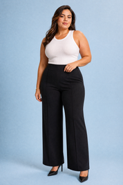 Pantalon large taille haute fluide | Porté sur une silhouette plus ronde | Lounelle Paris