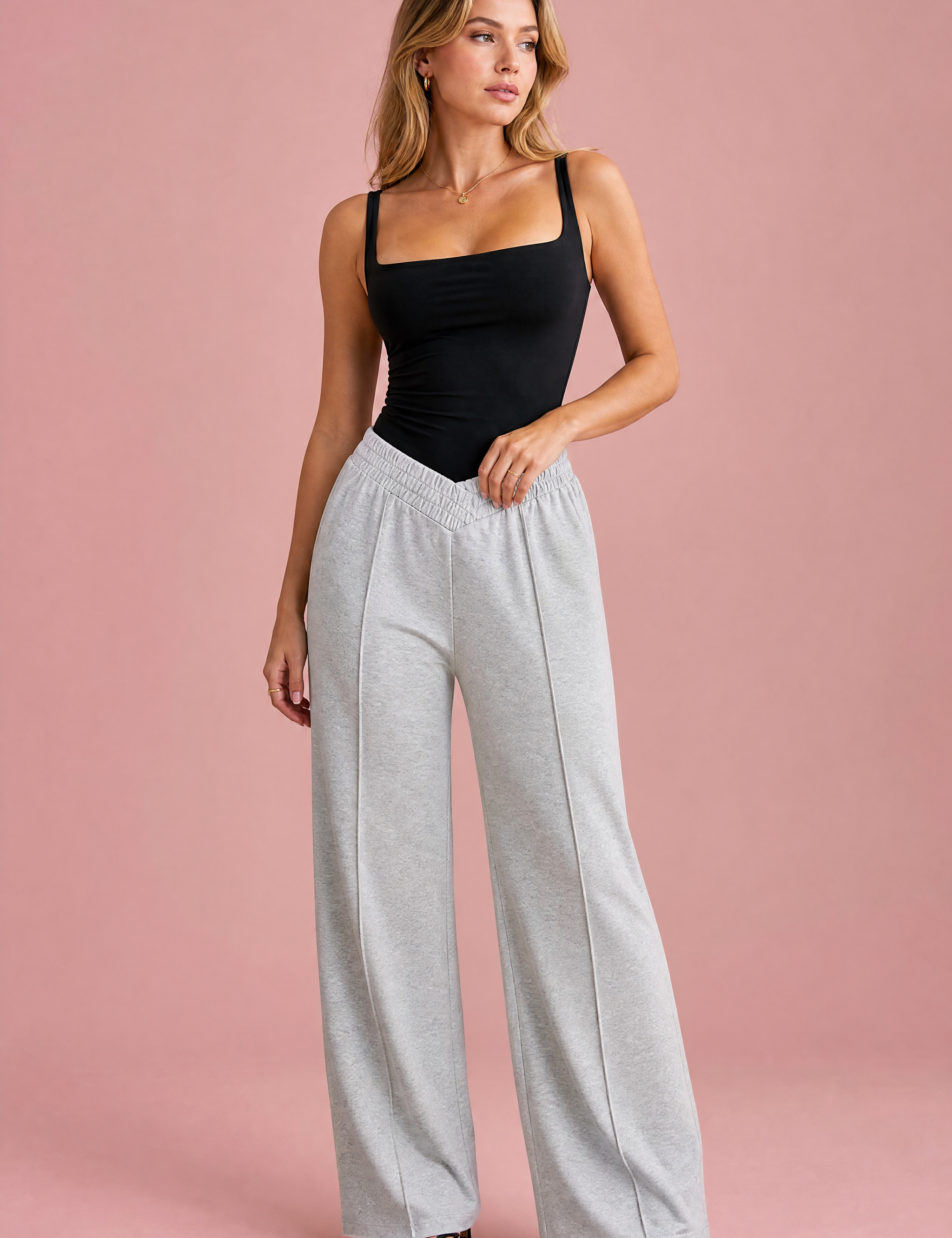 Pantalon large taille élastique en V | Vue de face | Lounelle Paris