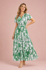 Langes grünes bedrucktes V-Ausschnitt-Kleid