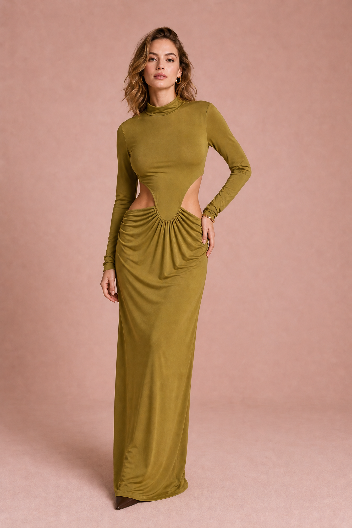 Robe longue olive col montant | Vue de face | Lounelle Paris