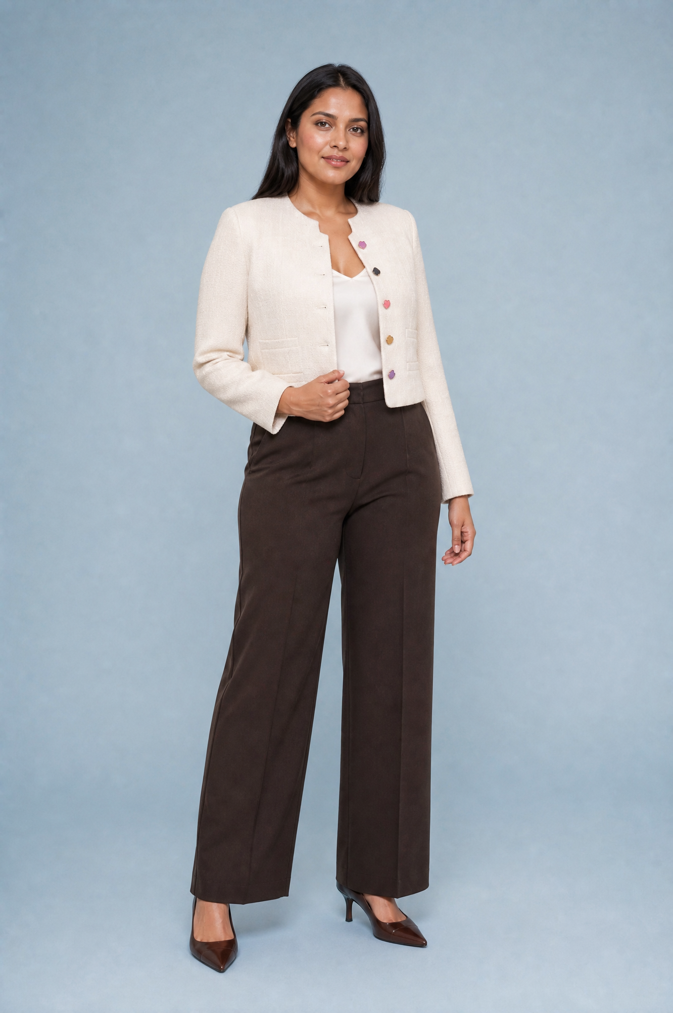Veste courte abricot à boutons cœur | Porté sur une autre silhouette | Lounelle Paris