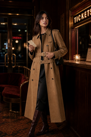 Trench long camel double ceinture | Deuxième photo lifestyle | Lounelle Paris