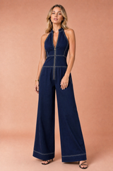 Schwarzer ärmelloser Jumpsuit mit Stehkragen