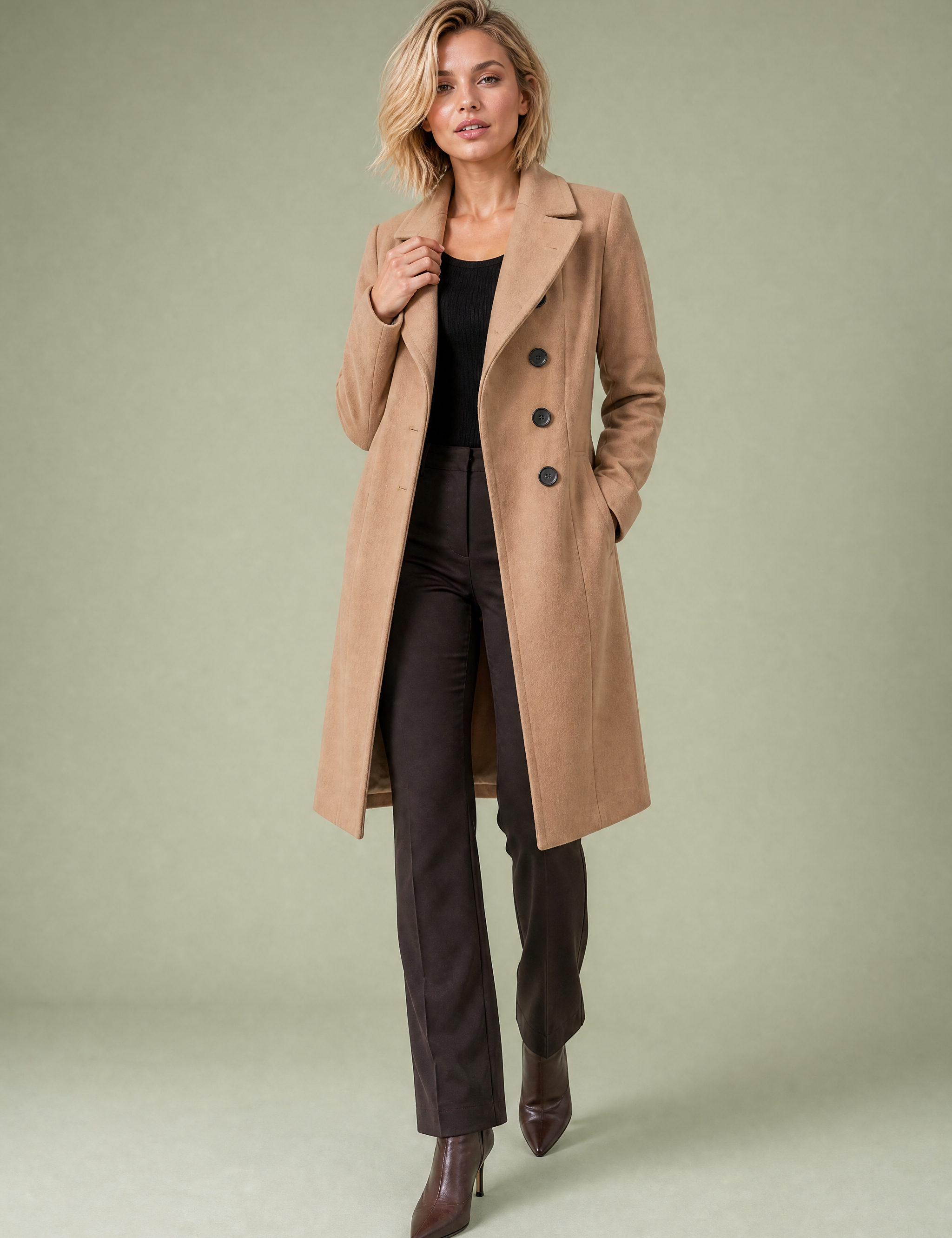 Manteau long ceinturé à col tailleur | Vue de face | Lounelle Paris
