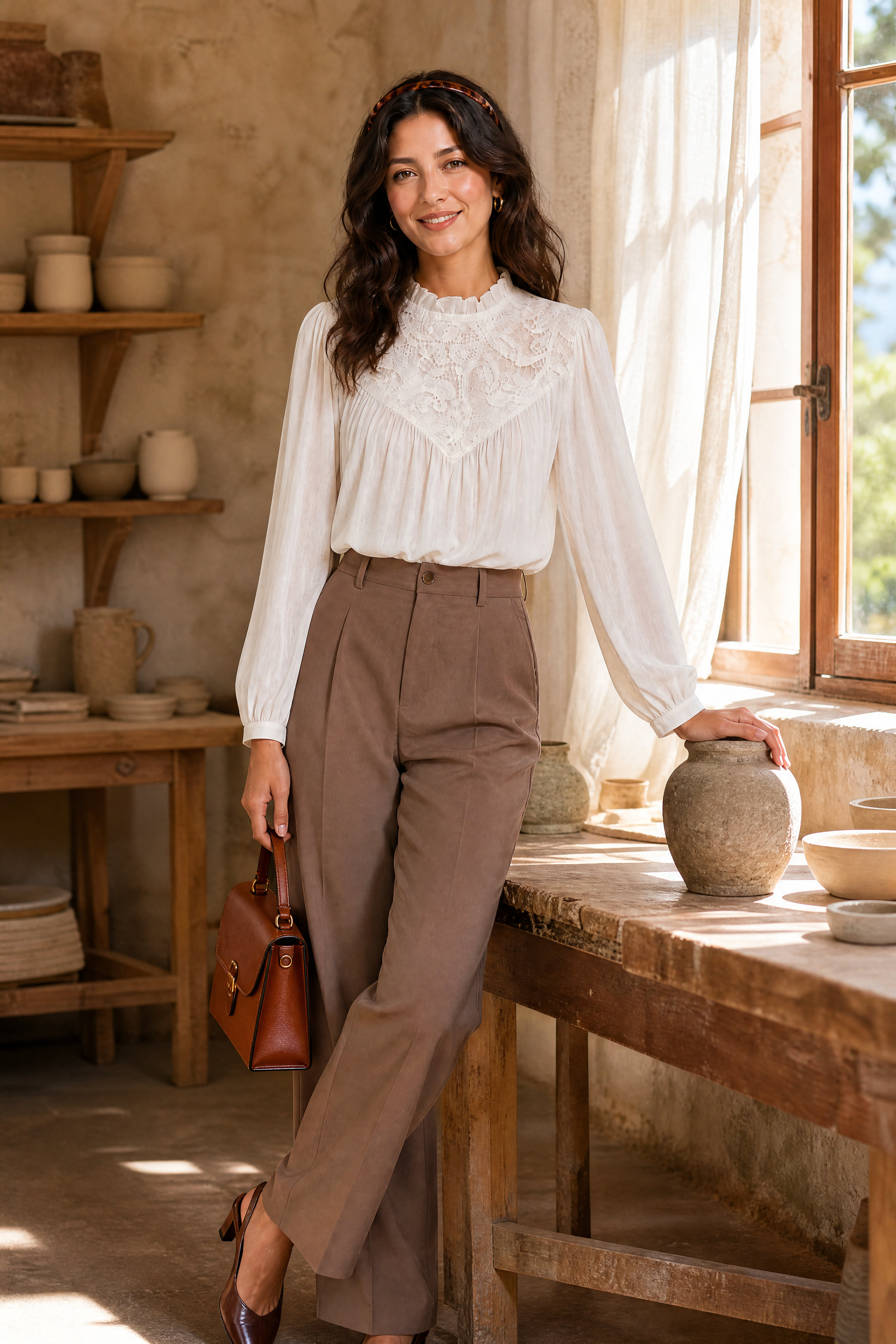 Blouse à col volanté et manches bouffantes | Photo lifestyle | Lounelle Paris