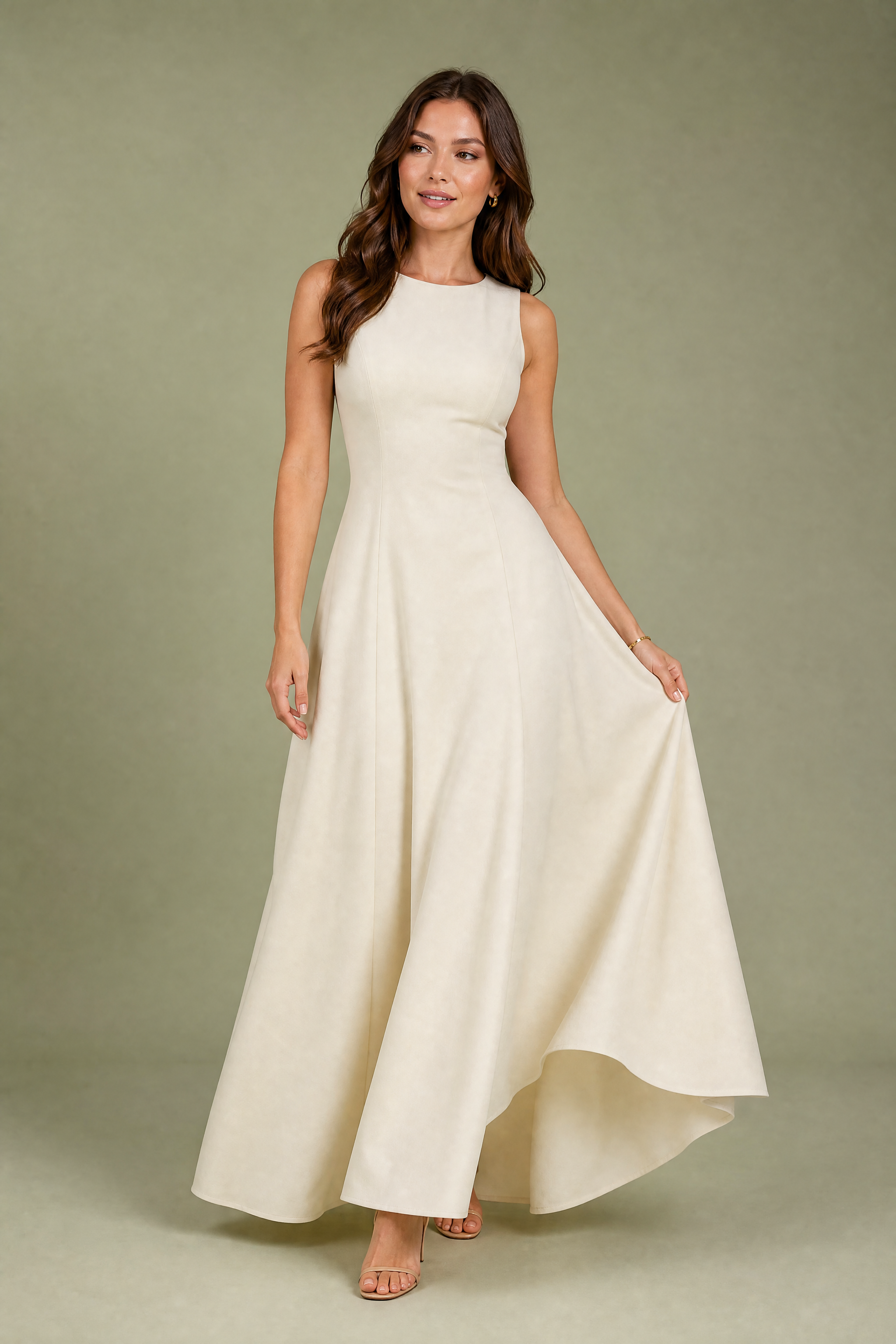 Robe longuecrème évasée sans manches | Vue de face | Lounelle Paris