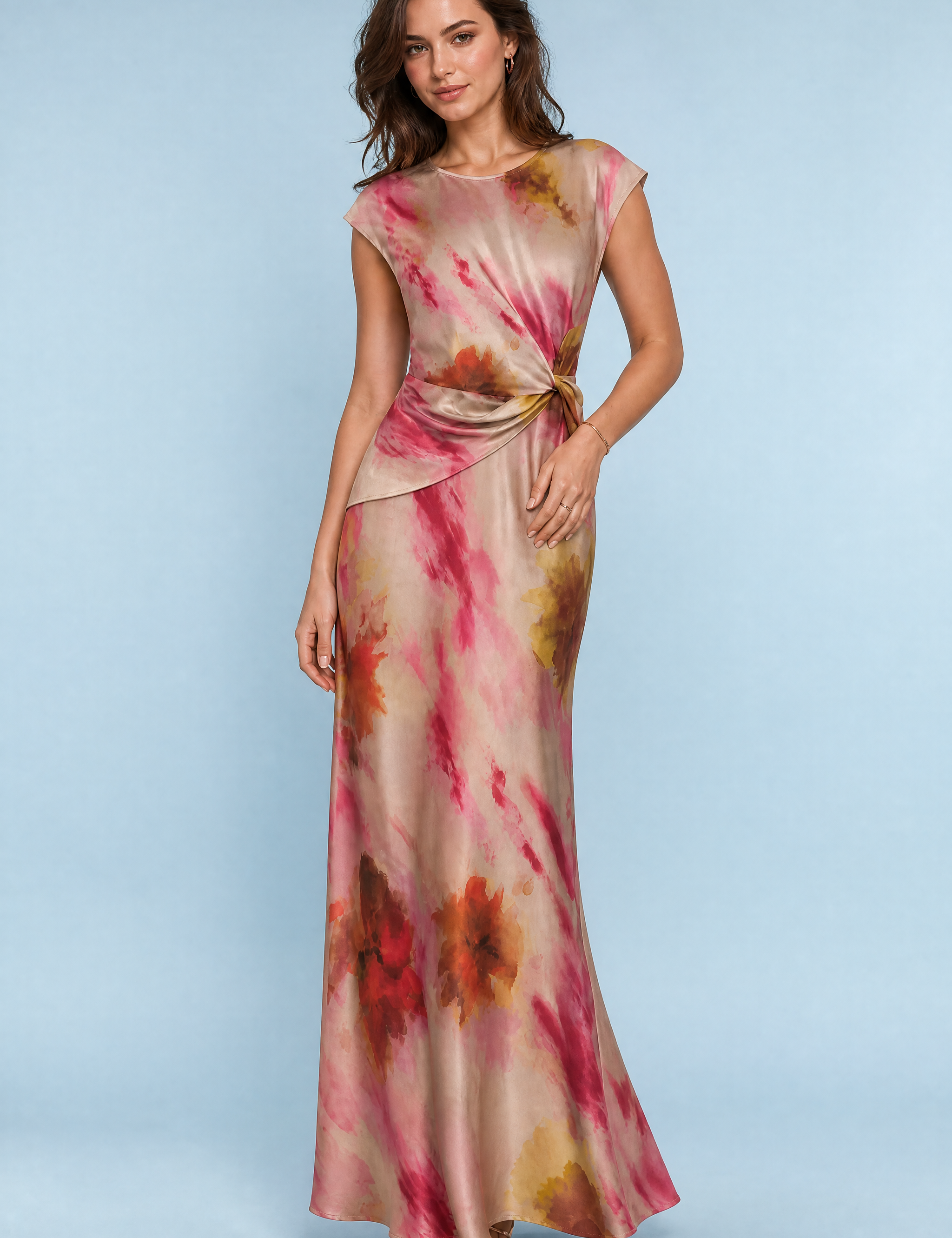 Robe longue beige rosé imprimée | Vue de face | Lounelle Paris