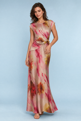Bedrucktes Langkleid in Beige-Rosé
