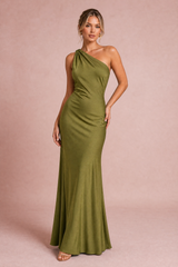 Olivegrünes asymmetrisches rückenfreies Kleid