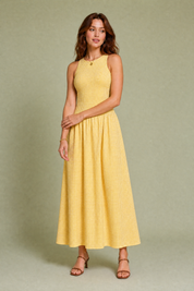 Robe longue vichy smockée | Variante Jaune | Lounelle Paris