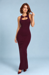 Bordeauxfarbenes langes Rippstrickkleid