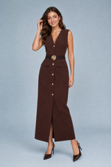 Langes V-Ausschnitt-Kleid mit Gürtel