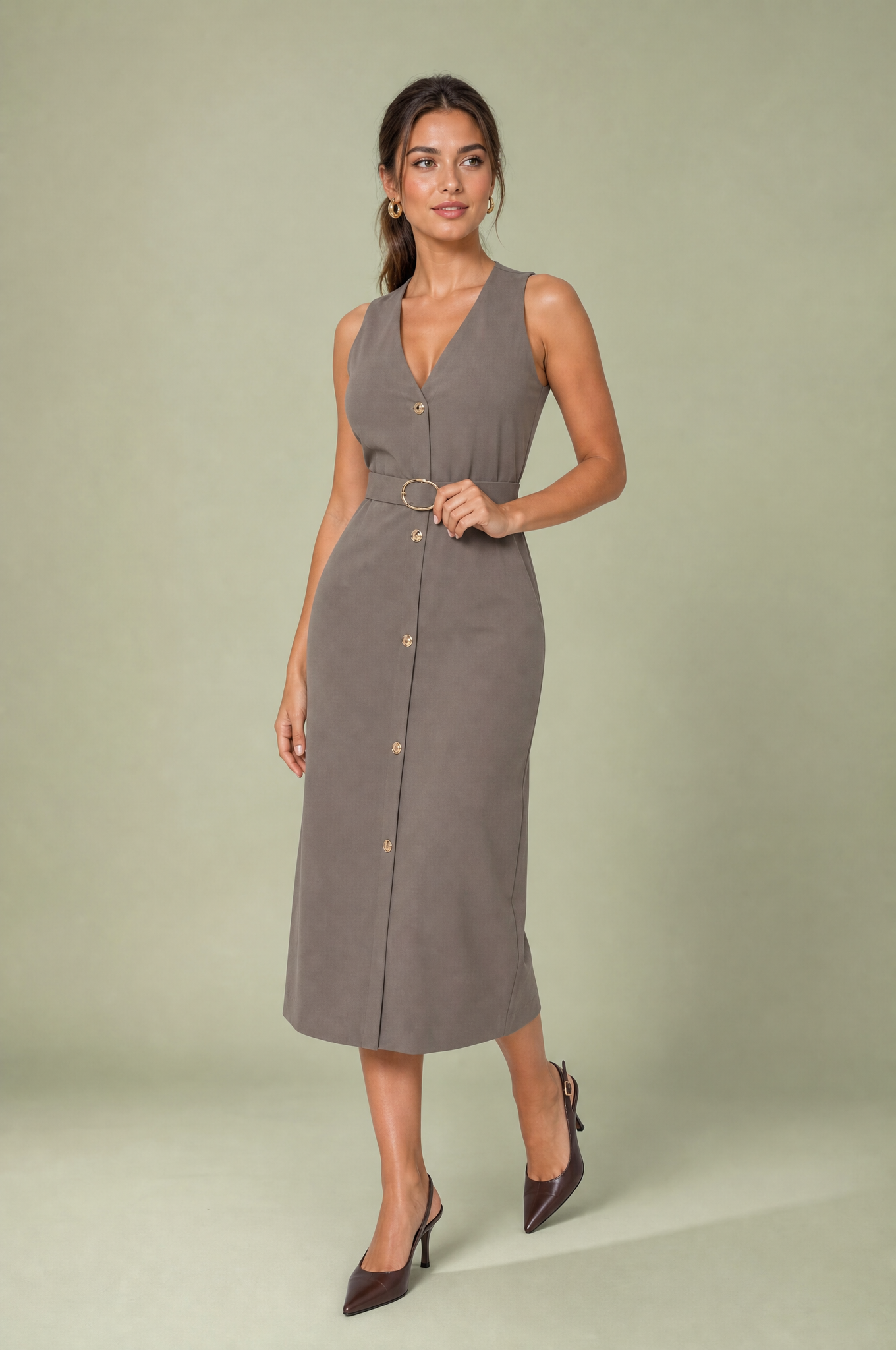 Robe midi col V ceinturée | Vue de face | Lounelle Paris