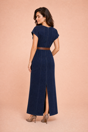 Robe longue bleu foncé ceinturée | Vue de dos | Lounelle Paris
