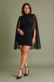 Robe noire col montant manches cape | Porté sur une autre silhouette | Lounelle Paris