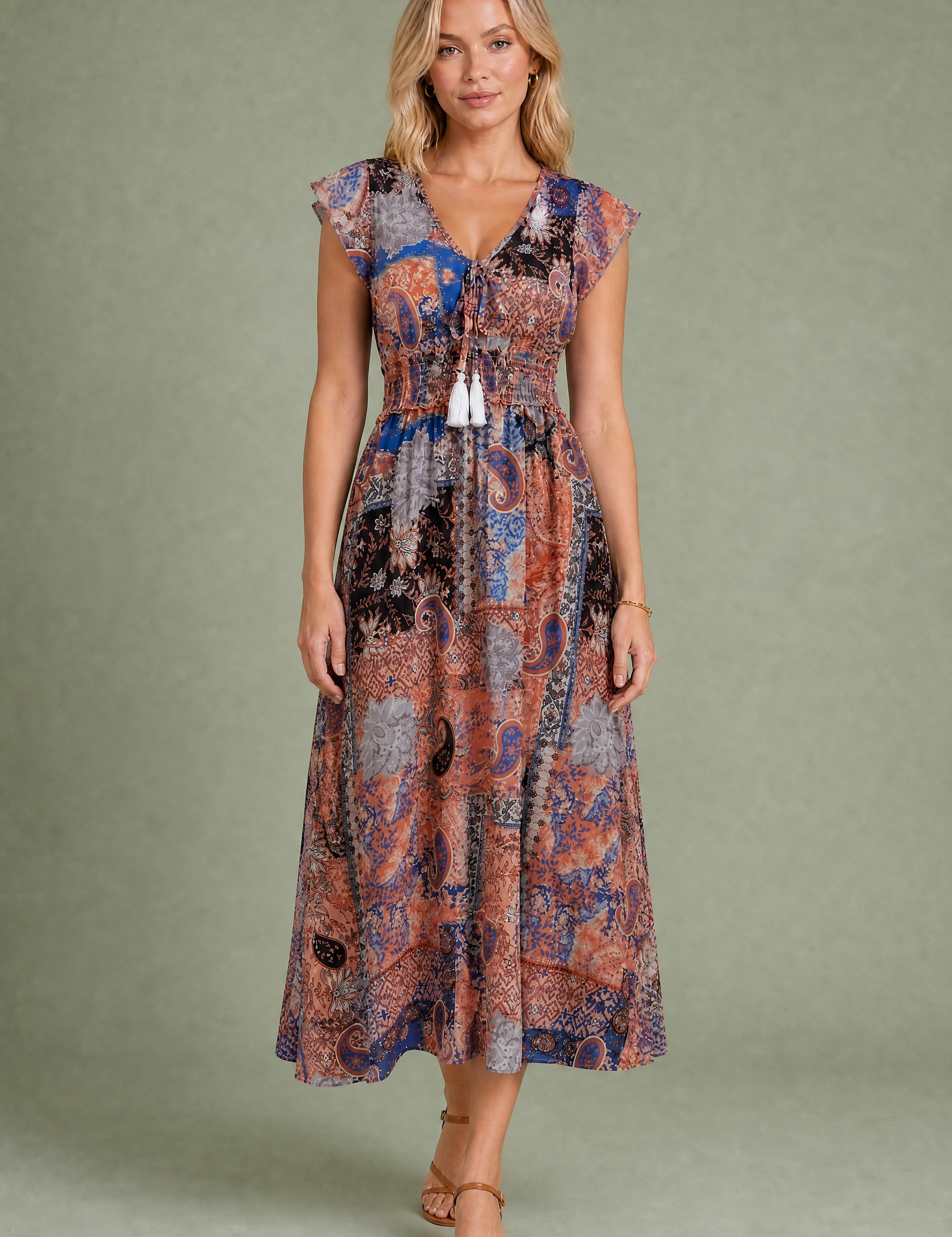 Robe longue marron col V | Vue de face | Lounelle Paris