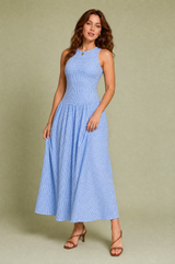 Langes Vichy-Kleid mit gesmoktem Oberteil