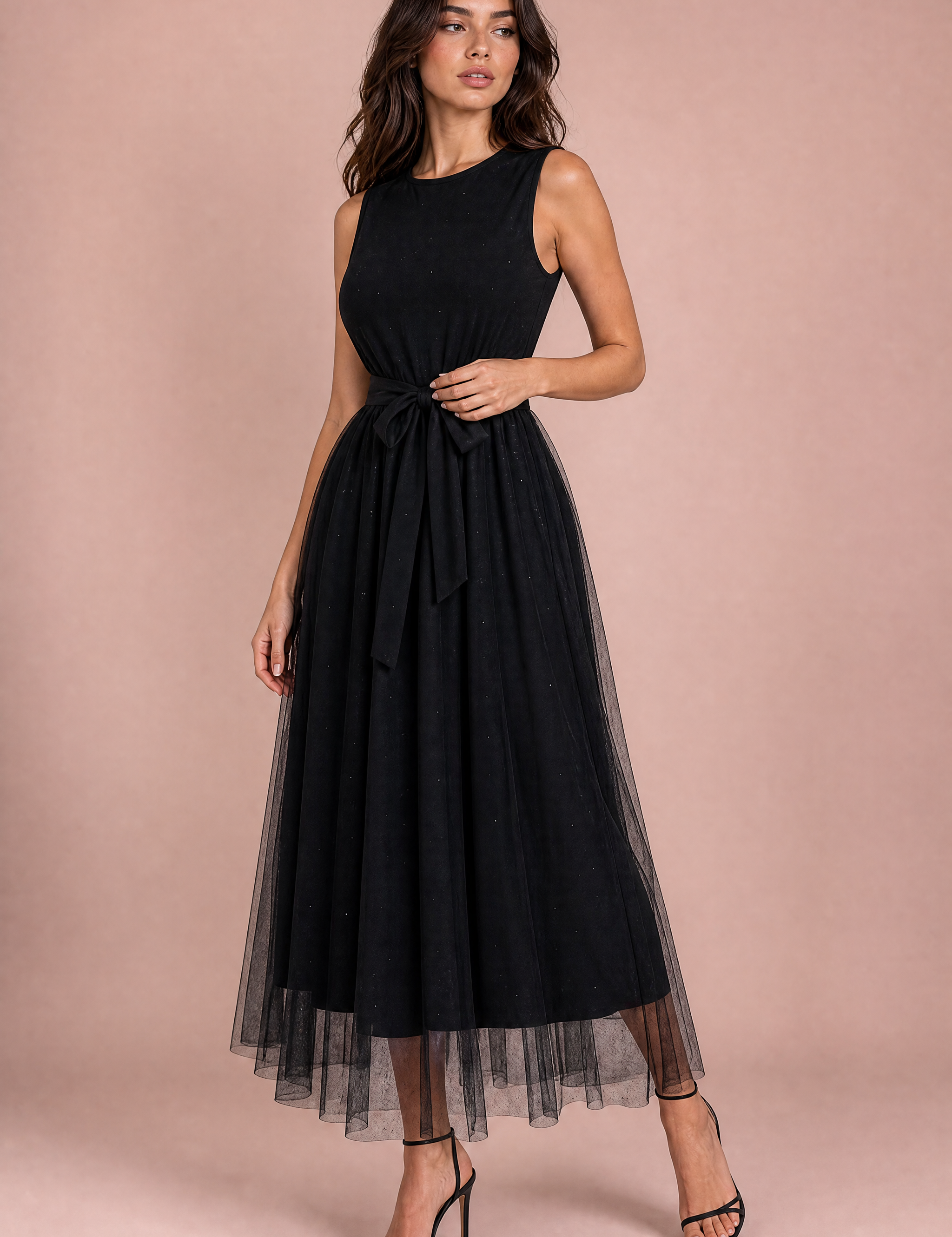 Robe longue noire tulle taille nouée | Vue de face | Lounelle Paris