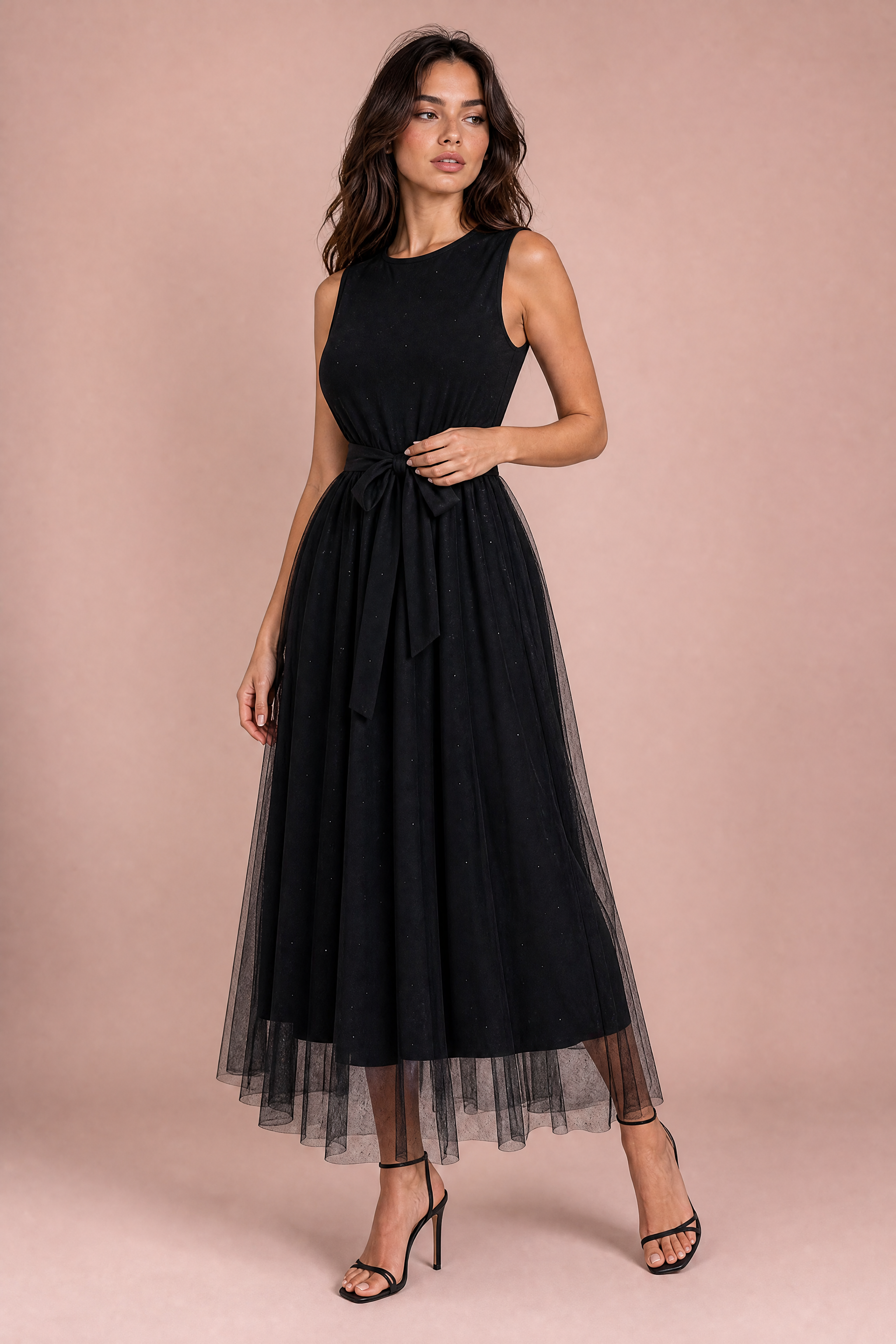 Robe longue noire tulle taille nouée | Vue de face | Lounelle Paris