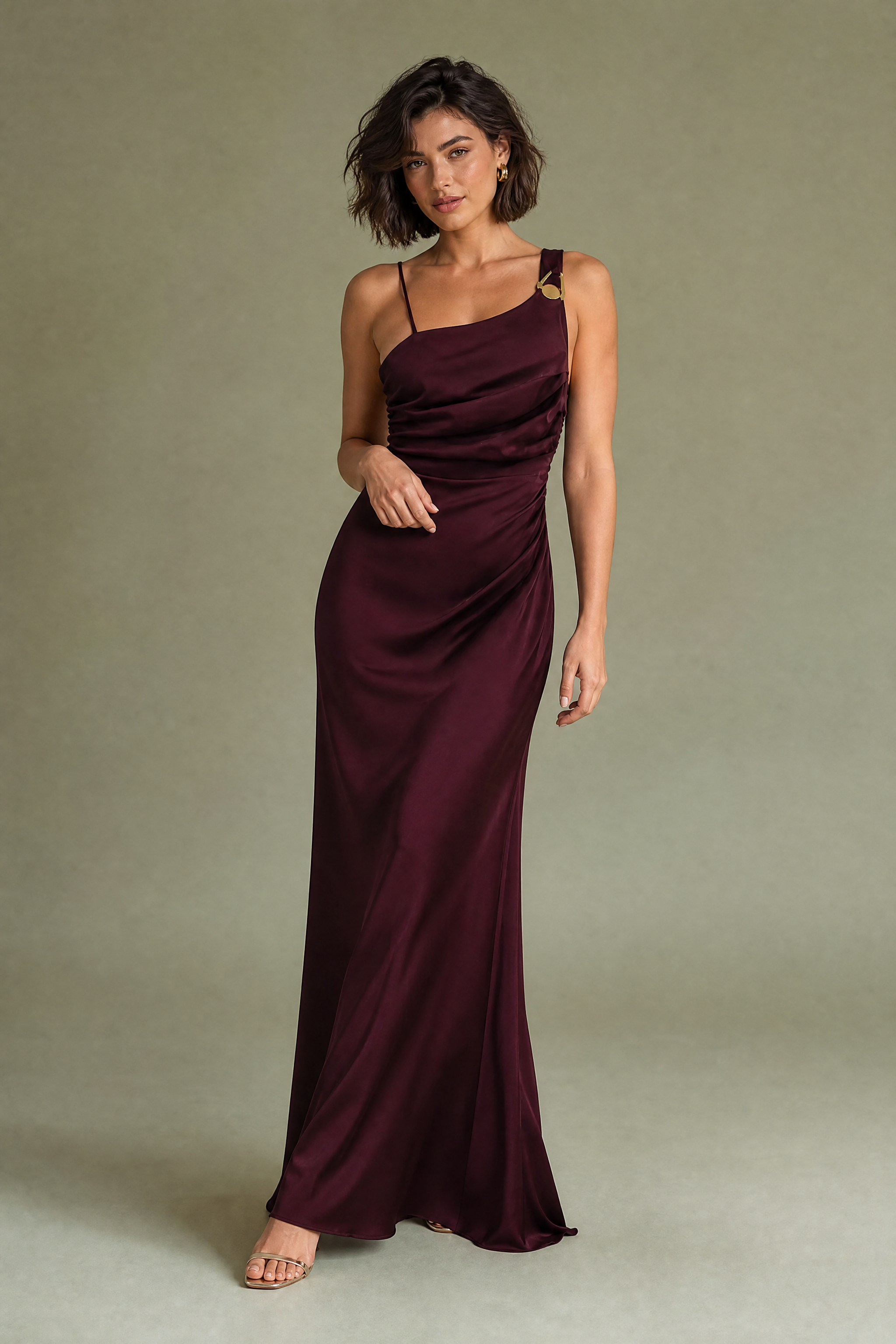 Robe longue bordeaux asymétrique | Vue de face | Lounelle Paris