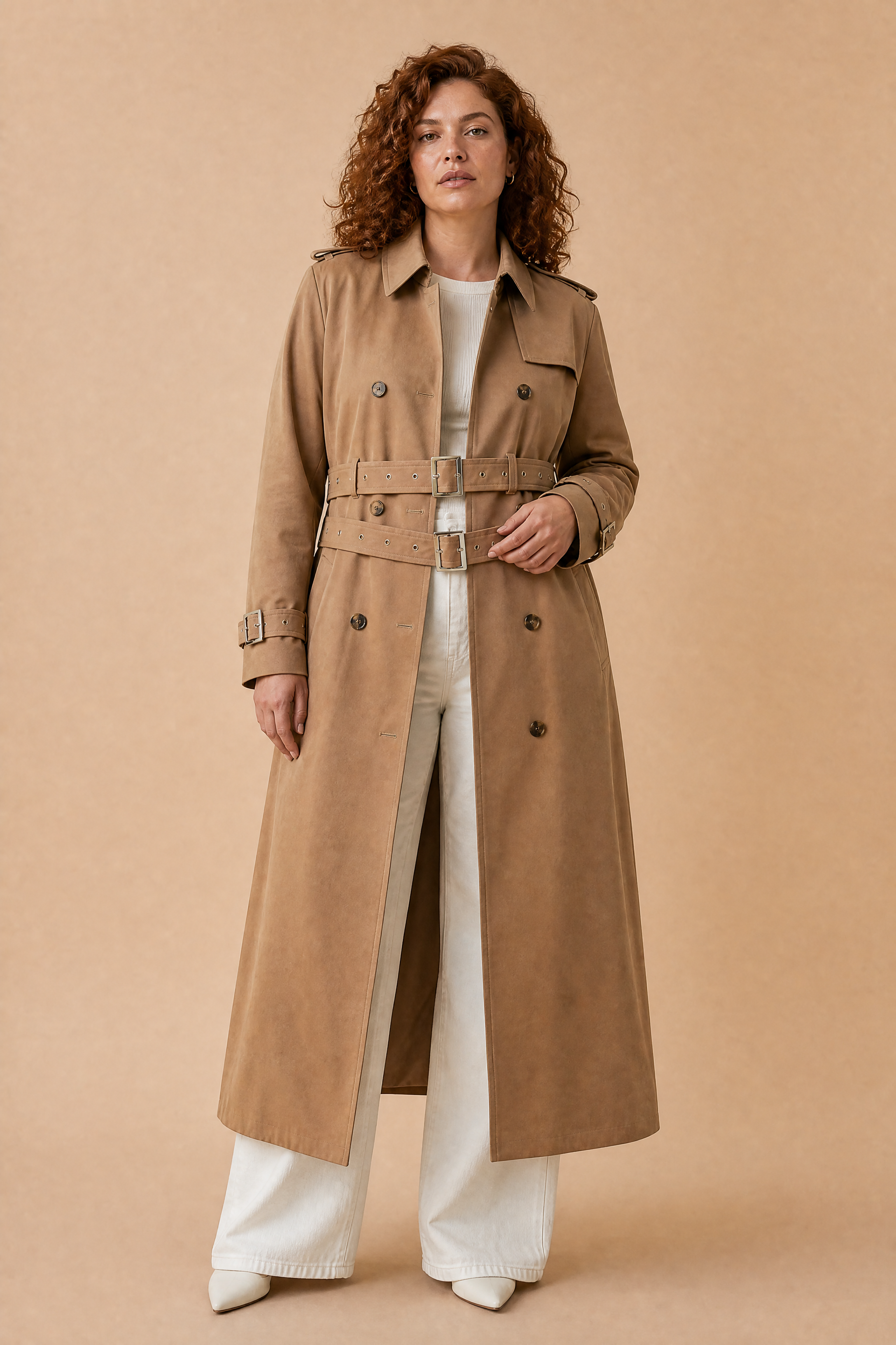 Trench long camel double ceinture | Porté sur une autre silhouette | Lounelle Paris