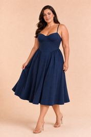 Robe midi à fines bretelles encolure droite | Porté sur une silhouette plus ronde | Lounelle Paris
