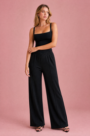 Pantalon large taille élastique en V | Variante Noir | Lounelle Paris