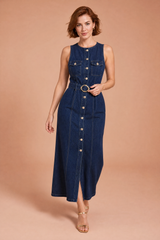 Langes dunkelblaues ärmelloses Kleid
