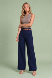 Pantalon large ceinturé taille mi-haute | Variante Bleu marine | Lounelle Paris