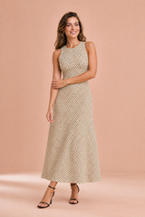Langes rückenfreies Polka-Dot-Kleid