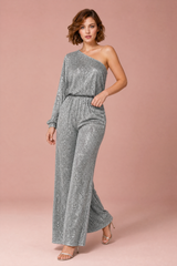 Asymmetrischer Pailletten-Jumpsuit in Silber