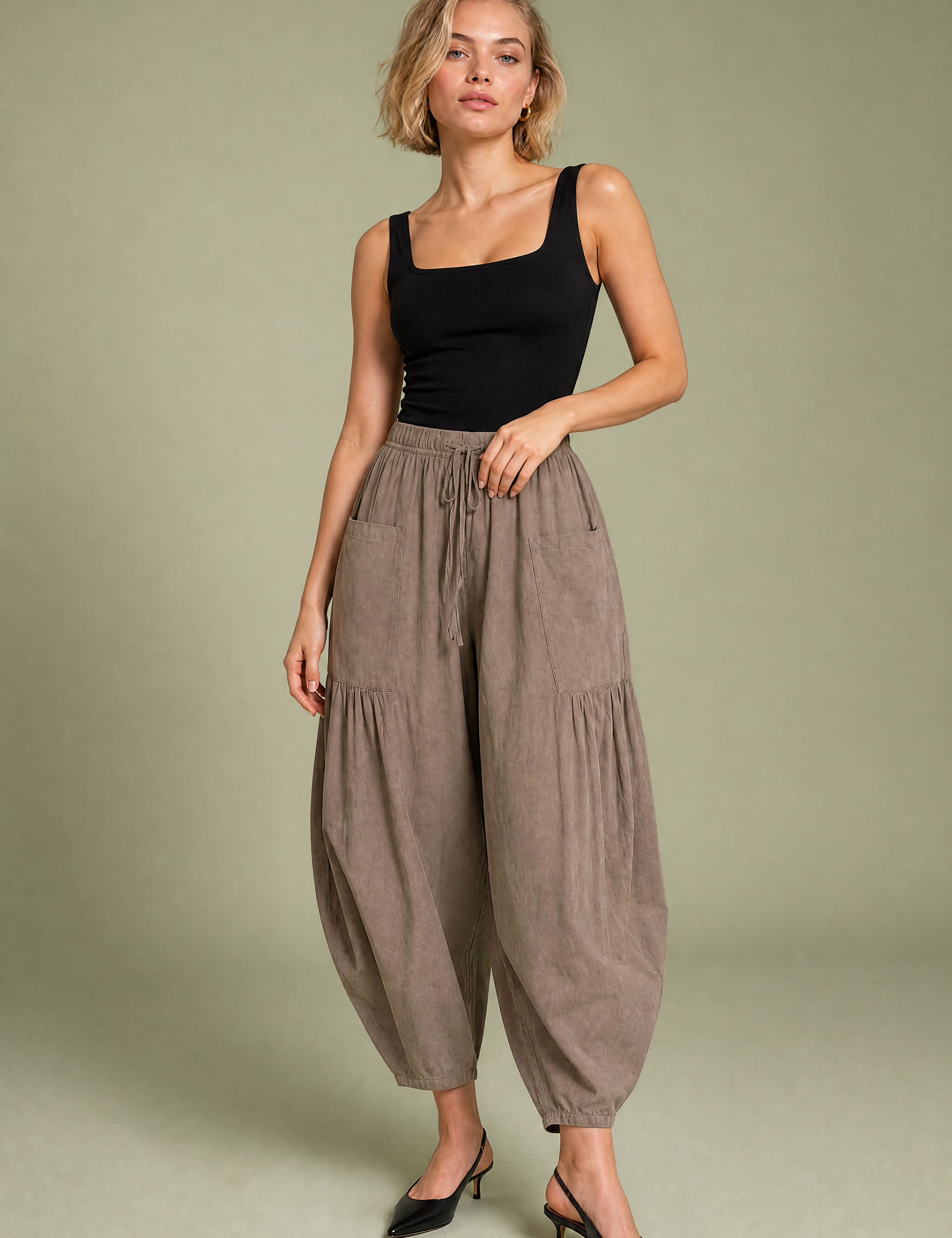 Pantalon large taille haute plissé | Vue de face | Lounelle Paris