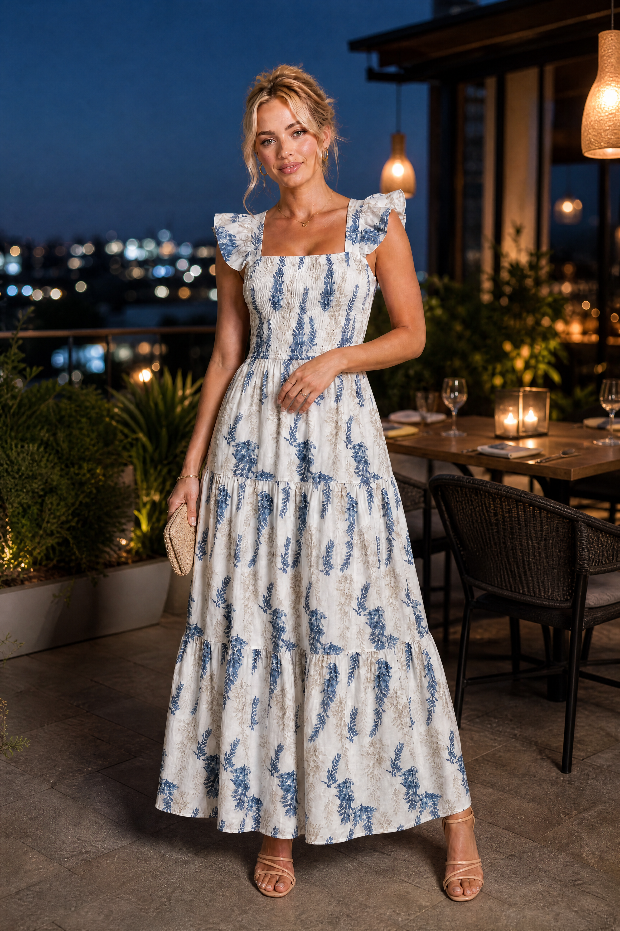 Robe longue écru imprimé floral encolure carrée | Deuxième photo lifestyle | Lounelle Paris