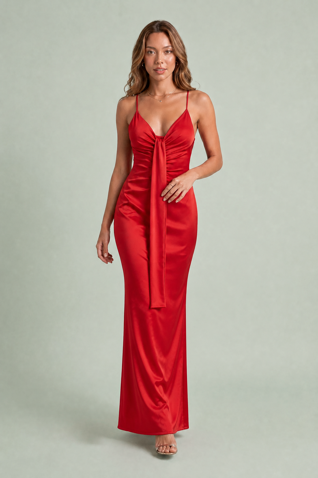 Drapiertes V-Ausschnitt-Langkleid