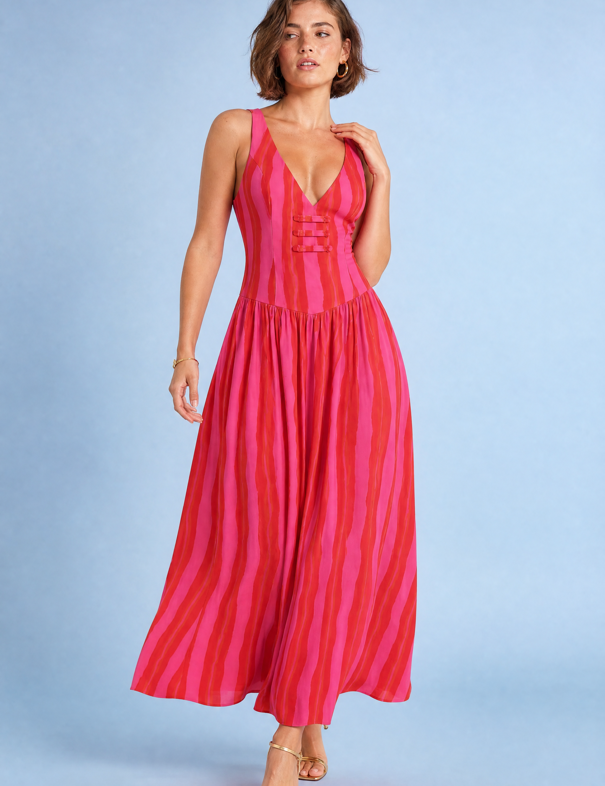 Robe longue rose rayée dos ouvert | Vue de face | Lounelle Paris