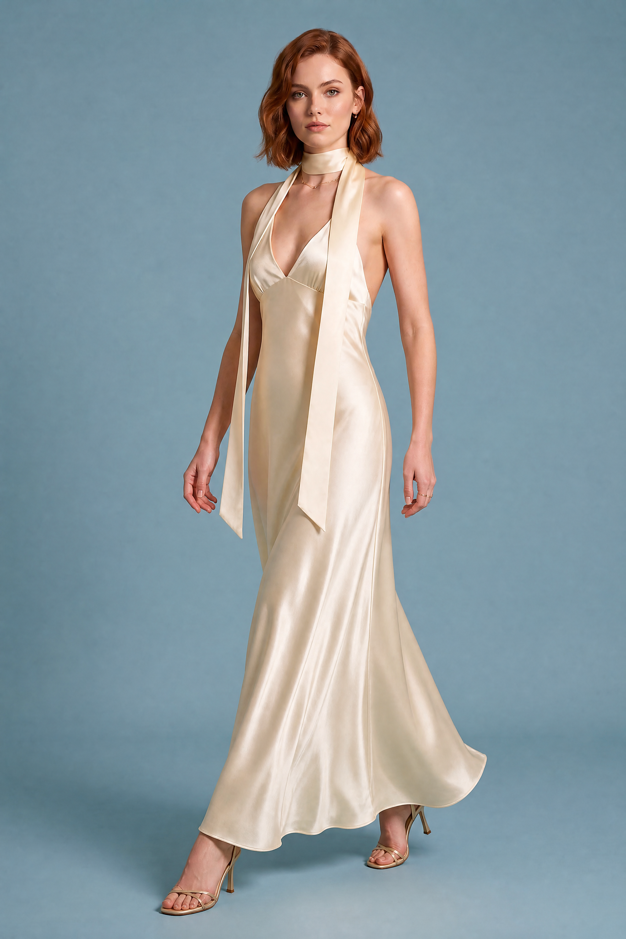 Robe champagne satinée dos nu | Vue en mouvement | Lounelle Paris